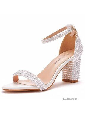 Pearl Block Heel Sandals Peep Toe Rhinestone Bride Wedding Party Chunky Heel